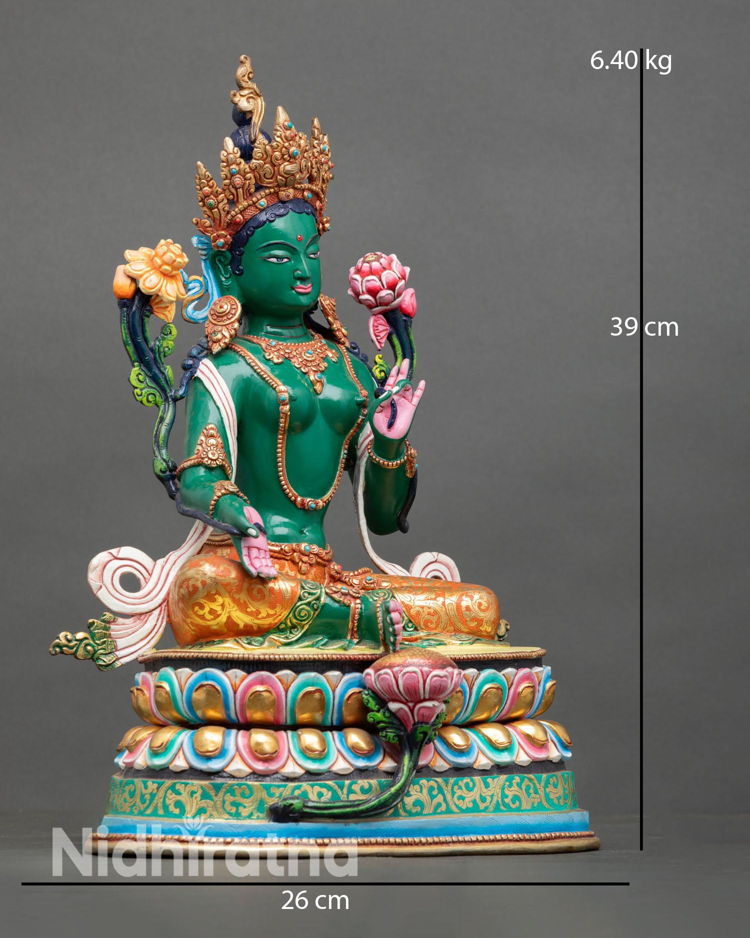 Side view of Green Tara statue ornate lotus throne copper artwork gold gilded sacred sculpture Himalayan craftsmanship Nepal