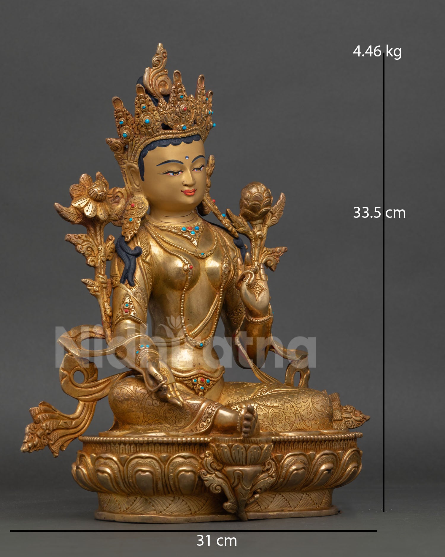 Side view of Green Tara Statue, right leg extended, blooming lotus seat, Himalayan Buddhist copper sculpture, meditation art