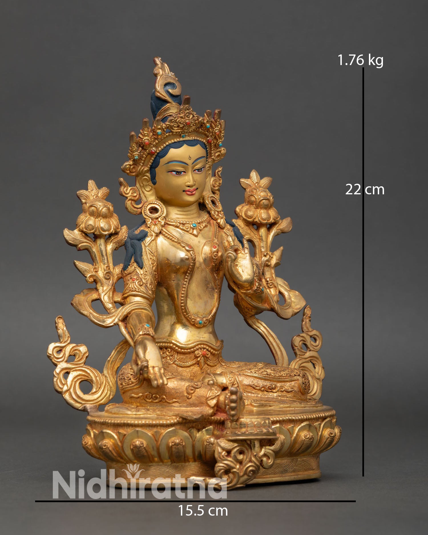 Side view of Green Tara statue royal ease posture varada mudra lotus seat compassion healing Buddhist art