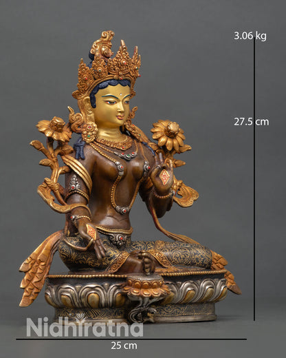 Side view of Green Tara statue, seated lotus pedestal, Varada Mudra and Abhaya Mudra hand gestures copper gold gilded finish Nepal art