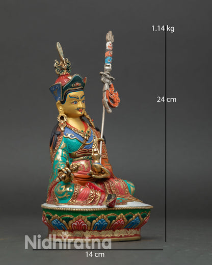 Side view Guru Rinpoche, seated lotus posture, kasaya robes, floral motifs, Tibetan Padmasambhava meditation statue