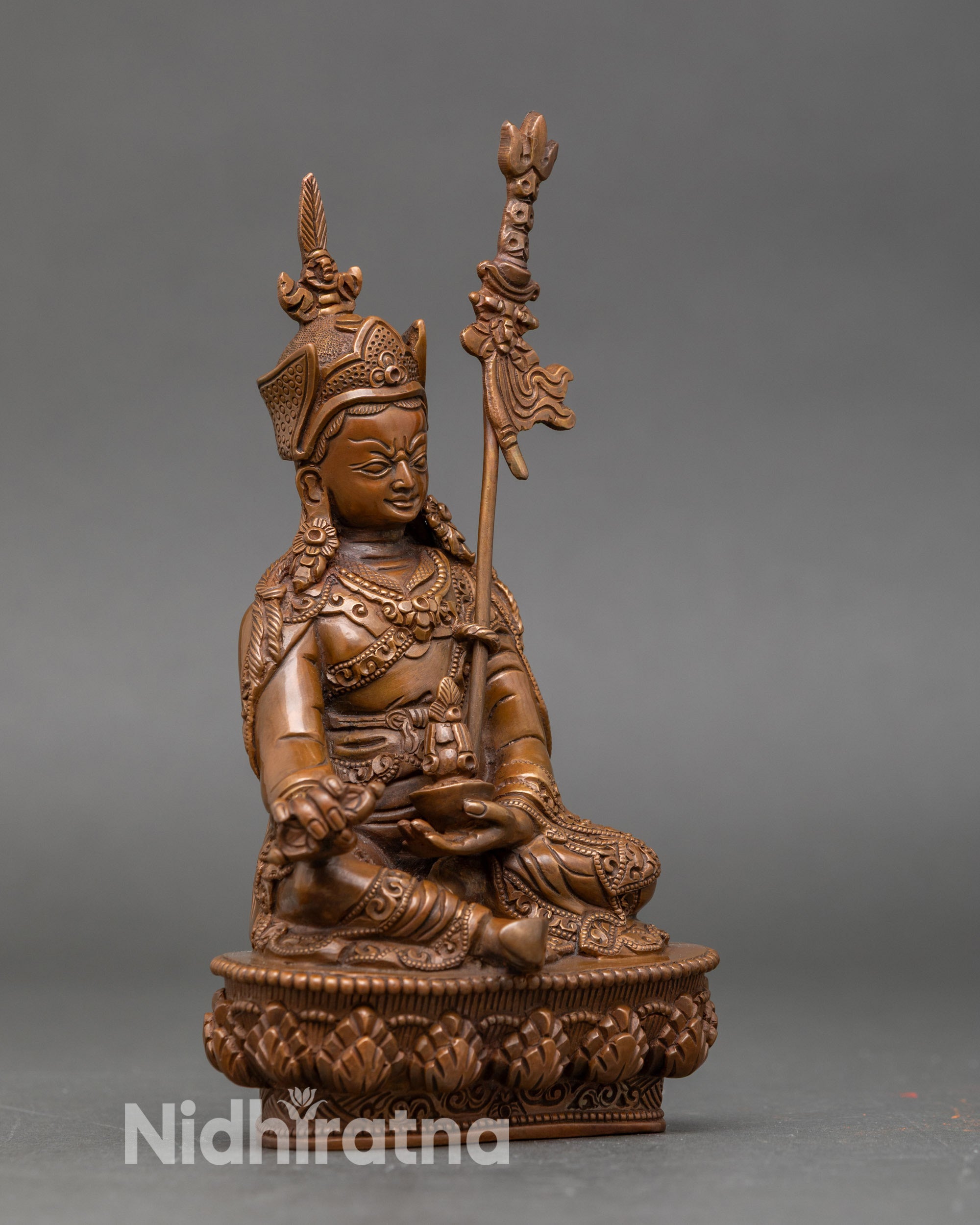 Side view of Guru Rinpoche statue from Nepal, handmade Padmasambhava Buddhist art