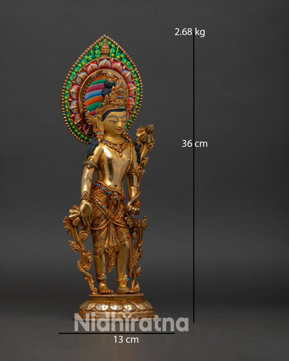 side view handcrafted avalokiteshvara statue tribhanga stance lost wax casting nepal floral robe engraving sacred art