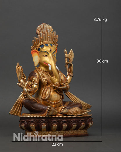 side view handcrafted ganesh murti lost wax casting nepal four armed deity sacred objects flowing robes copper sculpture