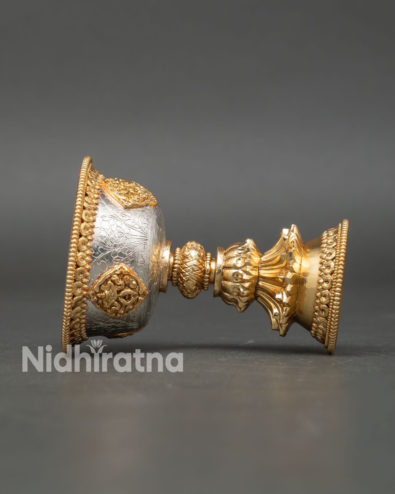 side view handcrafted himalayan butter lamp, nepalese artisans ritual oil lamp meditation decor copper sculpture