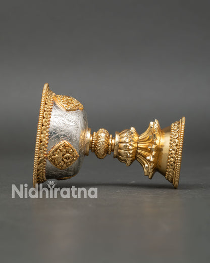 side view handcrafted himalayan butter lamp, nepalese artisans ritual oil lamp meditation decor copper sculpture