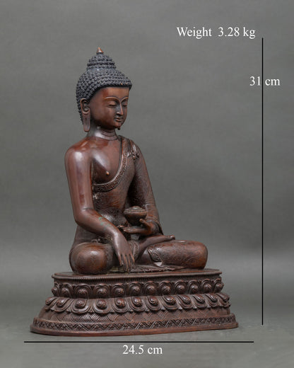 Side view of handcrafted Shakyamuni Buddha statue with intricate Himalayan carvings