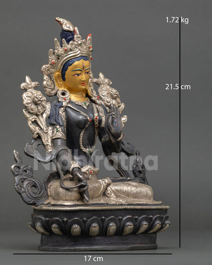 Side view of handcrafted White Tara statue from Nepal, serene expression ideal for Buddhist meditation and shrine decor.