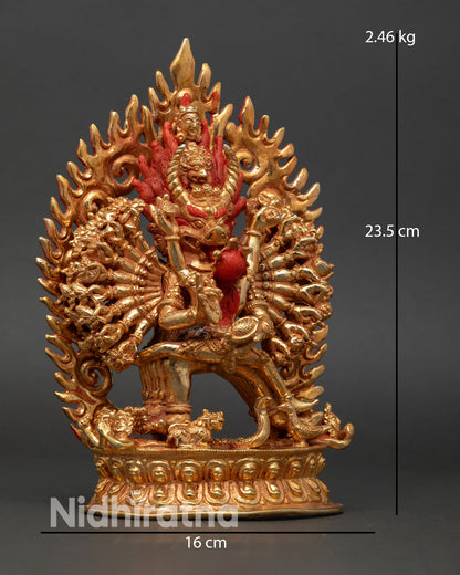 Side view handcrafted Yamantaka statue lost wax casting nepal consort union tantric deity ritual implements detail