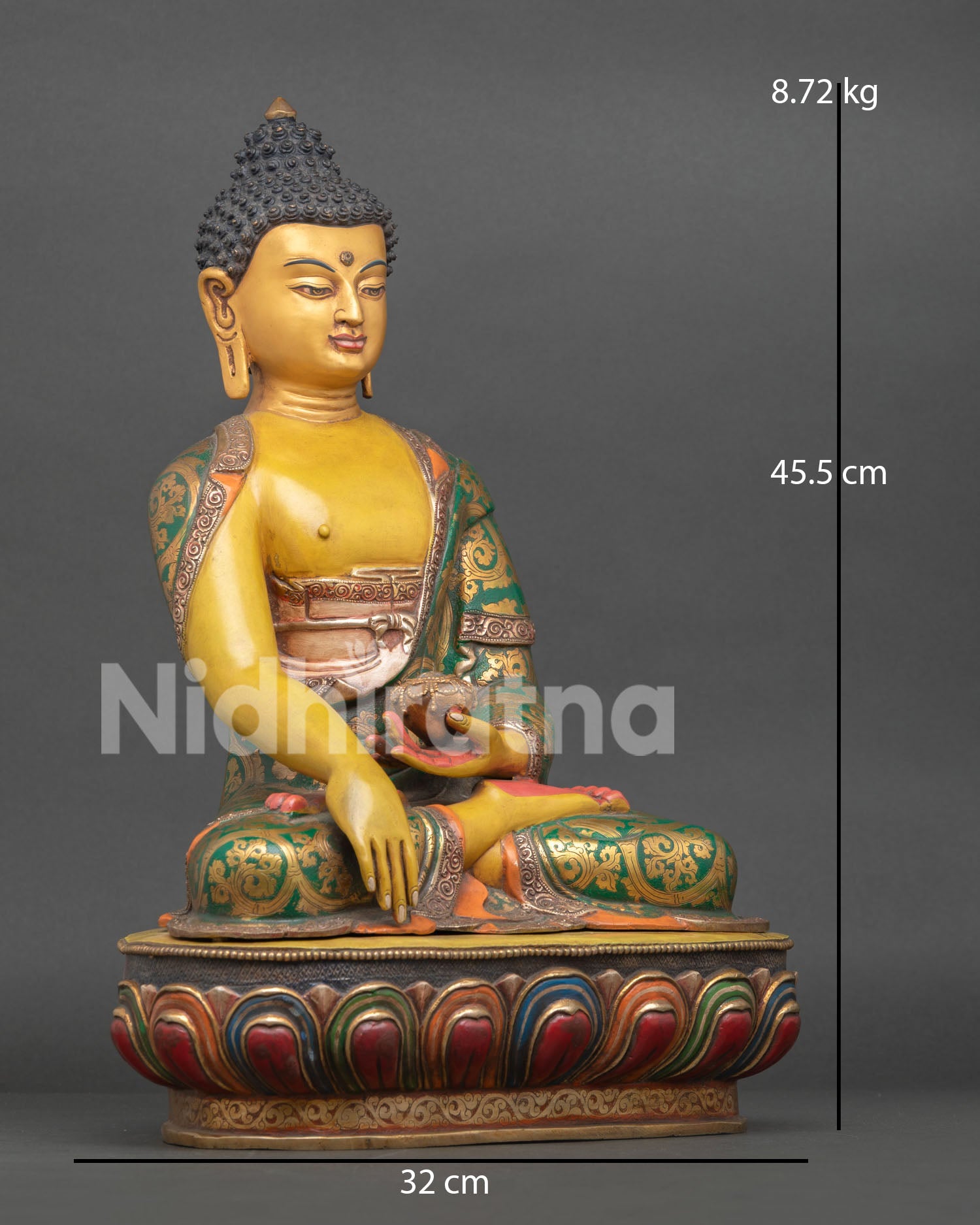 Side view of handmade Buddha Shakyamuni statue seated on lotus pedestal from Nepal
