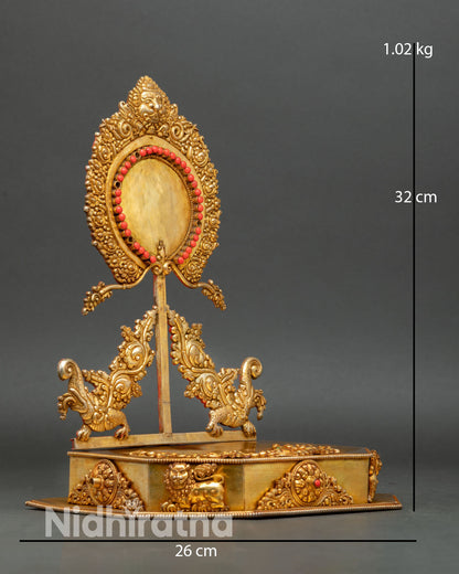 Side view of handmade Buddhist throne for sacred deity figures and meditation altar