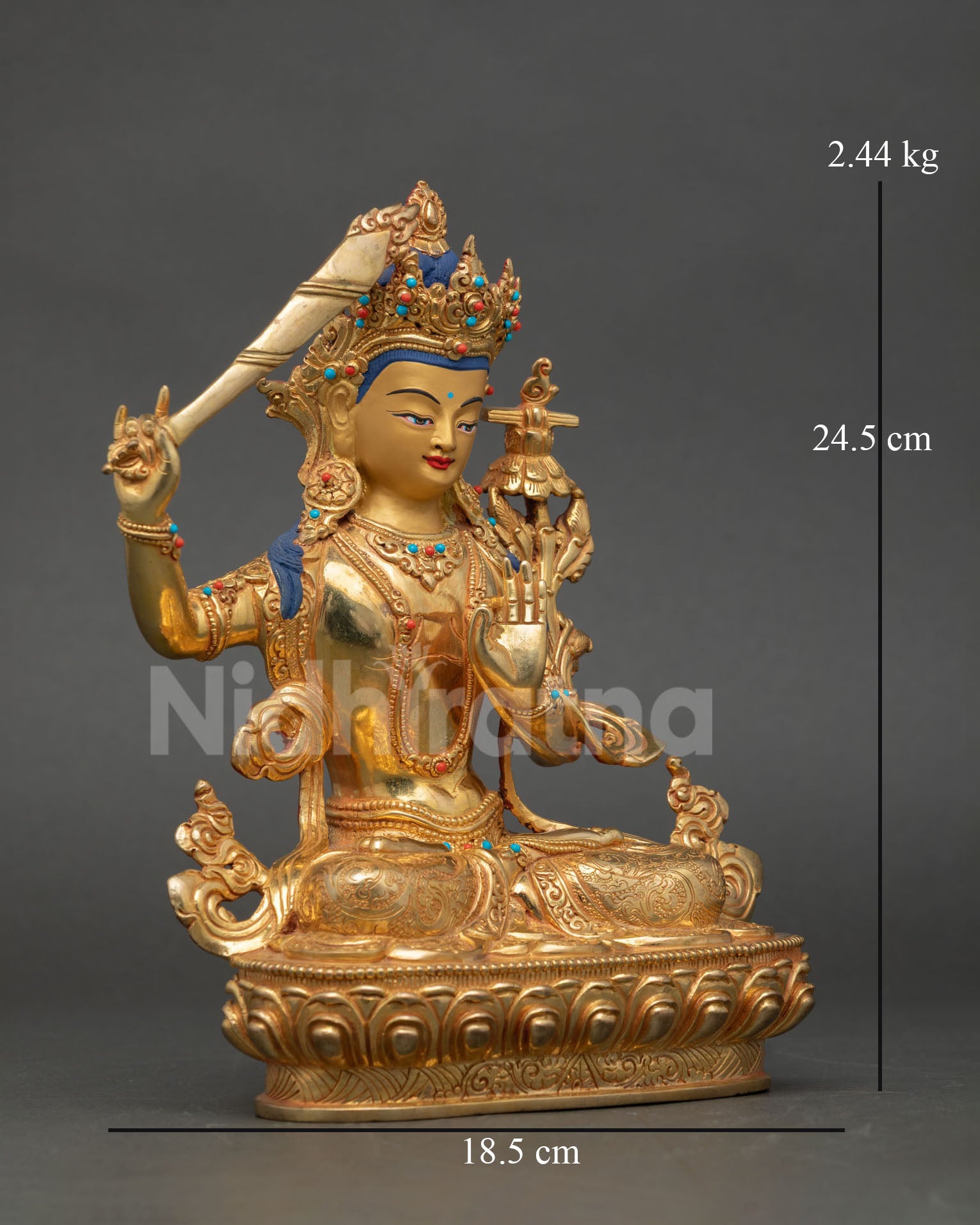 Side View of Handmade Manjushree copper statue Himalayan Newari artisan art holding Prajnaparamita Sutra wisdom deity decor