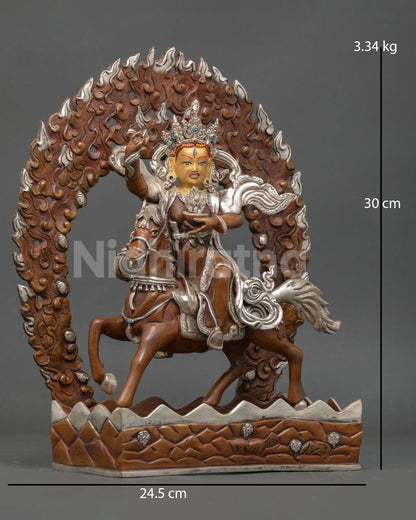 Side view of handmade Nepalese Achi Chokyi Drolma statue by Newari artisan, using lost wax casting method, Buddhist protector deity art
