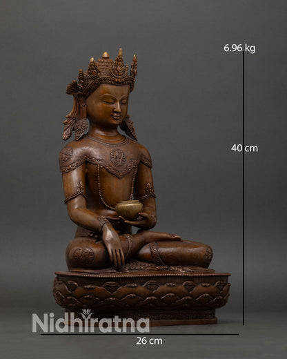 Side view of handmade Nepalese Crown Buddha statue for meditation altar and shrine decor