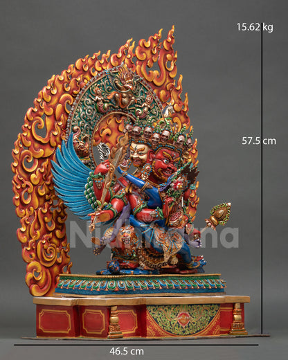 Side view of Hayagriva statue multiple arms ritual implements lotus seat Yab Yum sacred union sculpture