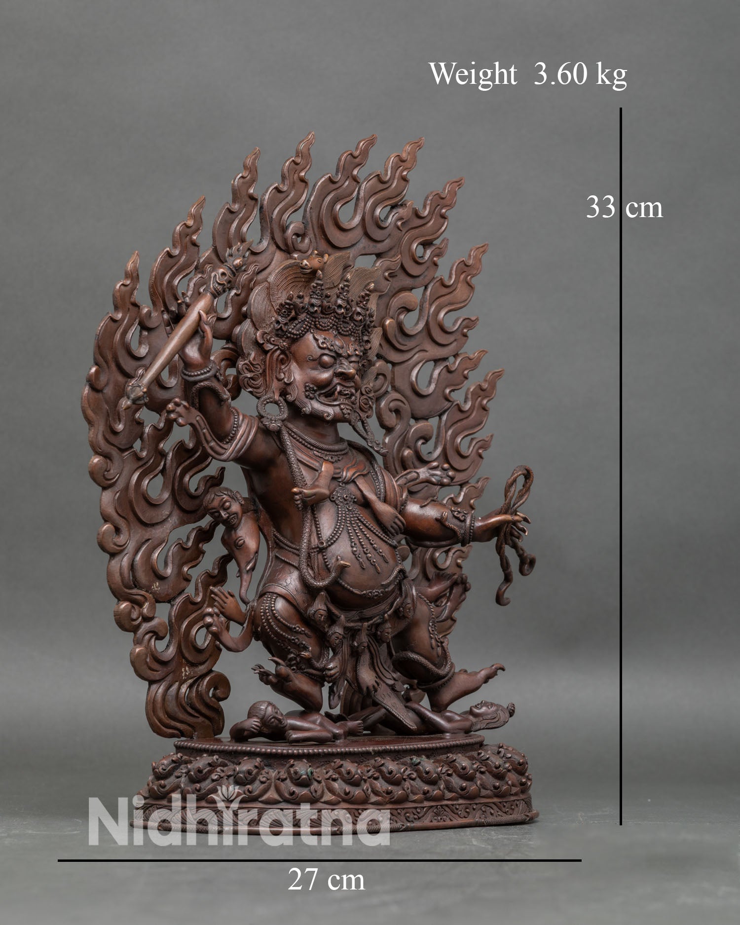 Side view Hayagriva statue subduing figures lotus base handcrafted Nepalese sculpture