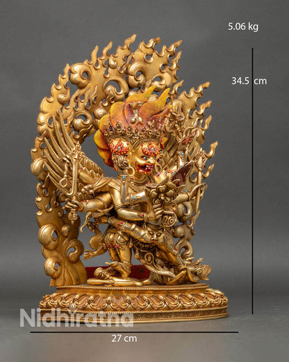 Side view of hayagriva statue with consort on lotus seat and ornate robe