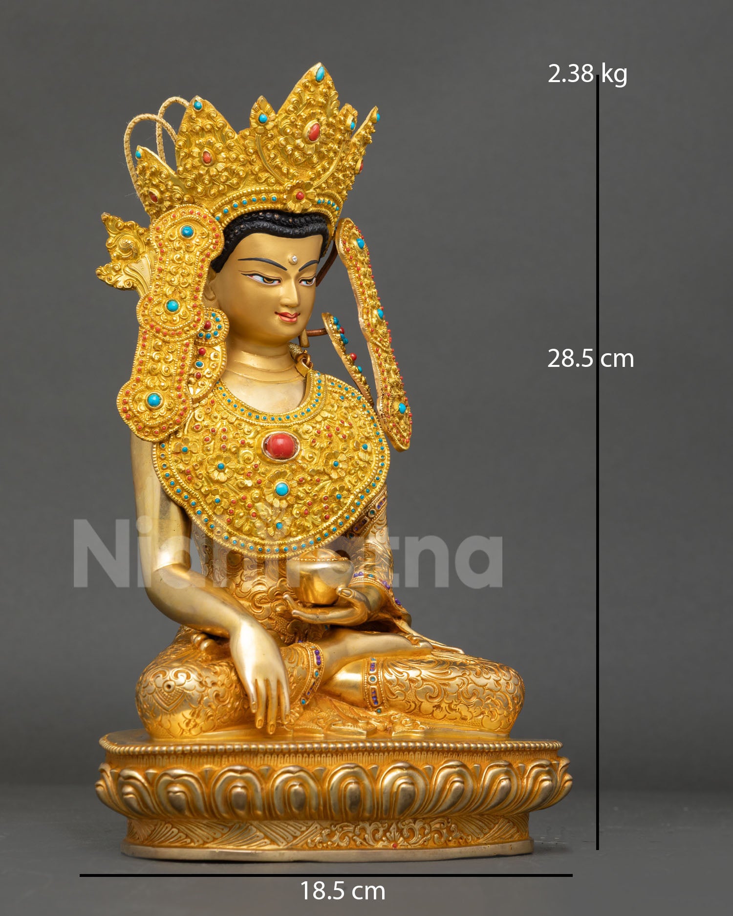 Side view of Himalayan Jowo Rinpoche statue, crafted by Newari artisans, using lost wax method with ceremonial robes and sacred decorative elements