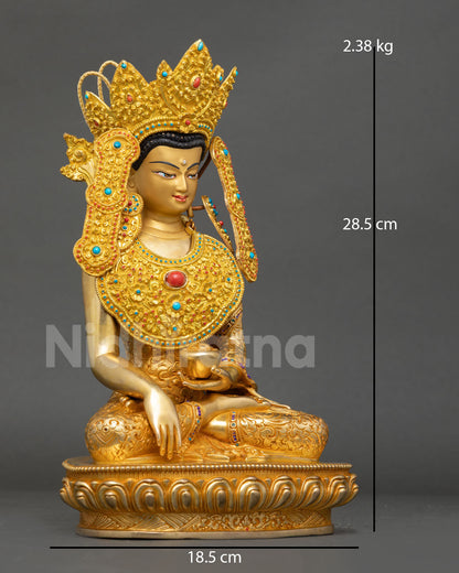 Side view of Himalayan Jowo Rinpoche statue, crafted by Newari artisans, using lost wax method with ceremonial robes and sacred decorative elements