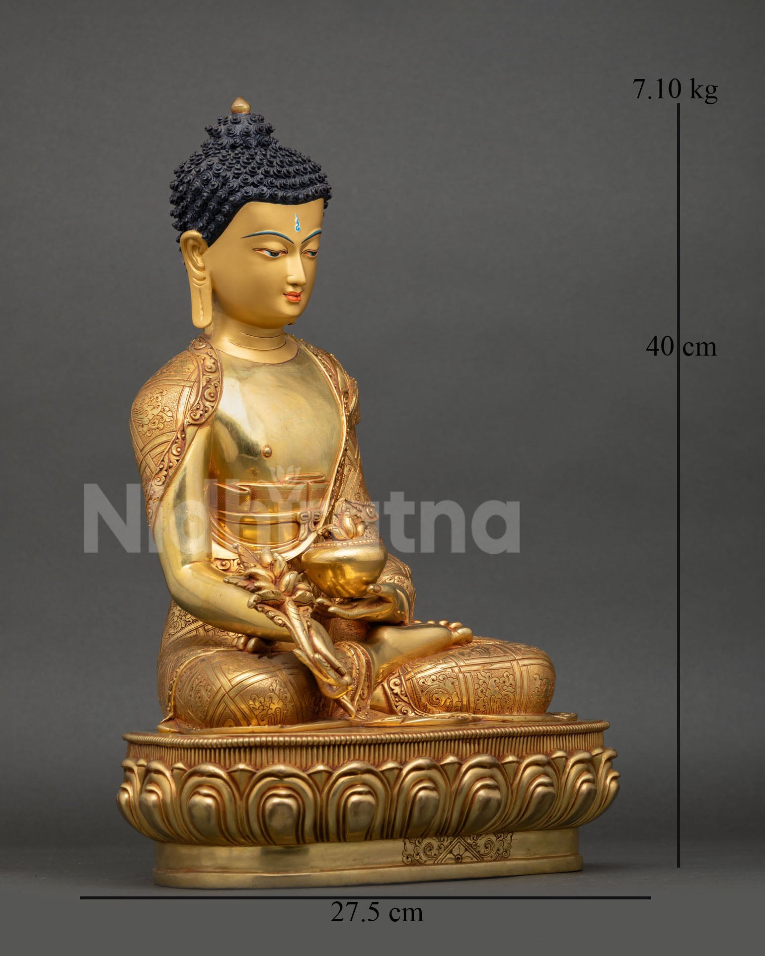 Side viewv of Himalayan Medicine Buddha sculpture with lost wax casting detailing monastic robes and sacred healing plant in hand