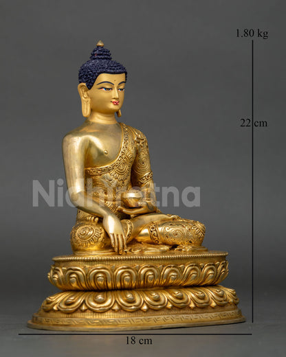 Side view of Himalayan Shakyamuni Buddha statue seated on double lotus pedestal