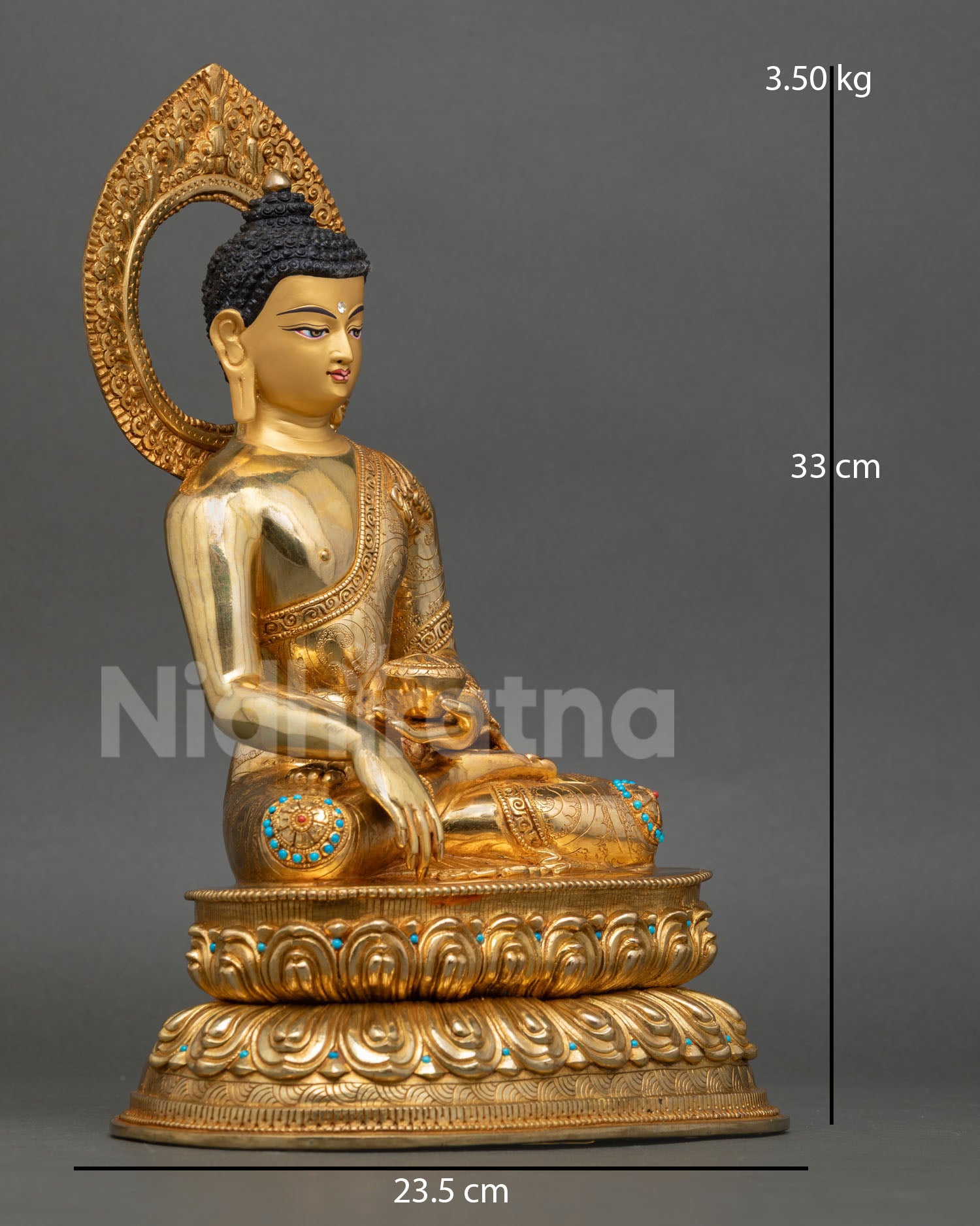 Side view of Himalayan Shakyamuni Buddha statue with floral carved monastic robe