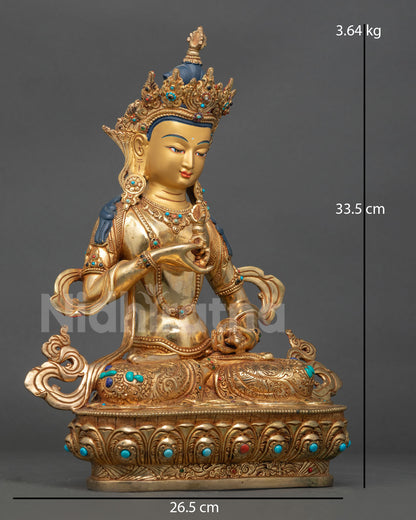 Side view of Himalayan Vajrasattva statue, holding vajra and bell, symbolizing compassion and wisdom, created using lost wax casting method