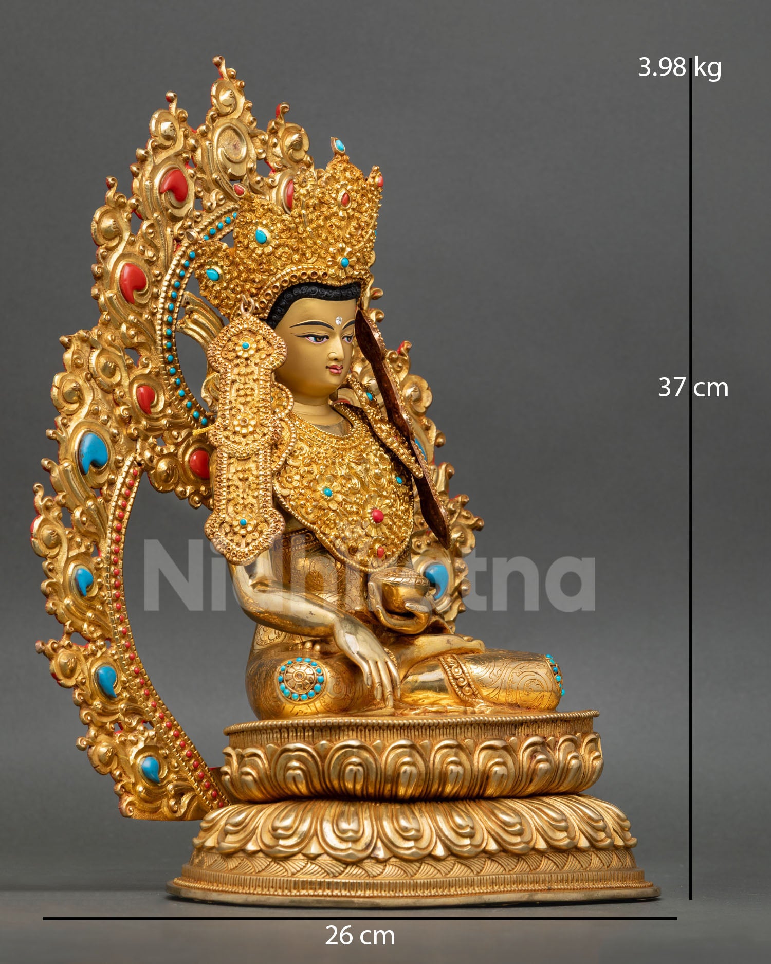 Side view of Jowo Rinpoche Shakyamuni statue holding begging bowl in Bhumisparsha Mudra handcrafted copper meditation altar sculpture