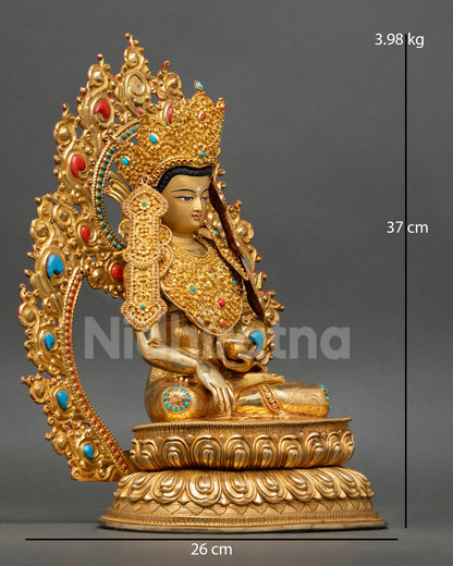 Side view of Jowo Rinpoche Shakyamuni statue holding begging bowl in Bhumisparsha Mudra handcrafted copper meditation altar sculpture
