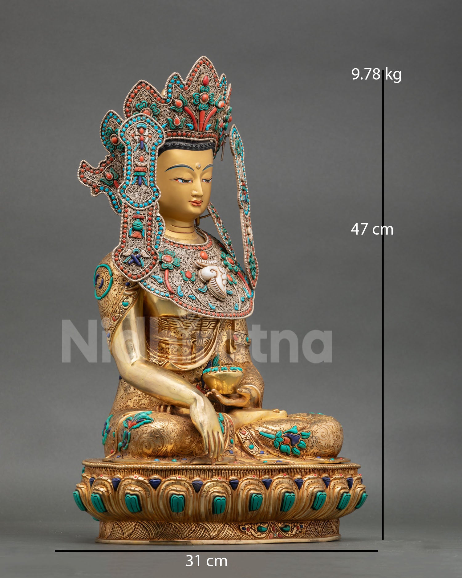 Side view of Jowo Rinpoche statue seated on lotus pedestal, 24K gold gilding copper Himalayan Buddhist sculpture