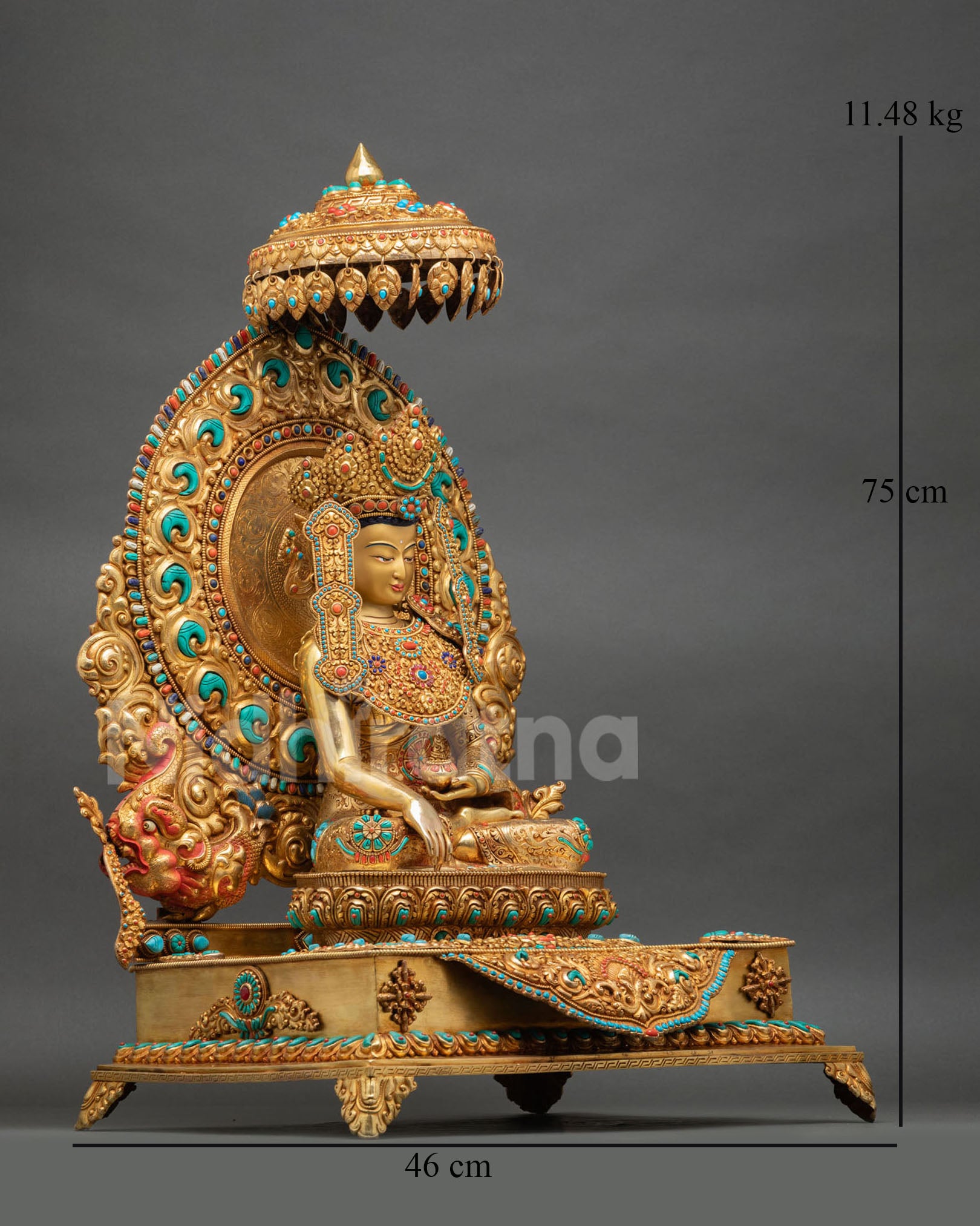 Side view of Jowo Rinpoche statue seated ornate throne parasol umbrella monastic robe detailed Nepalese craftsmanship