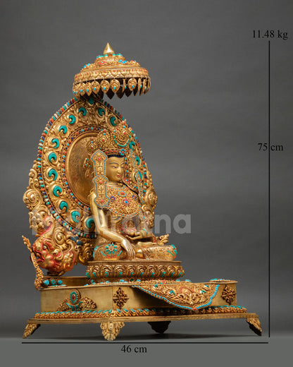Side view of Jowo Rinpoche statue seated ornate throne parasol umbrella monastic robe detailed Nepalese craftsmanship