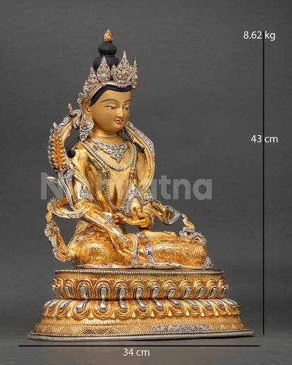 Side view of Kshitigarbha bodhisattva statue holding Cintamani jewel lotus pedestal sacred protector deity sculpture Himalayan spiritual altar art