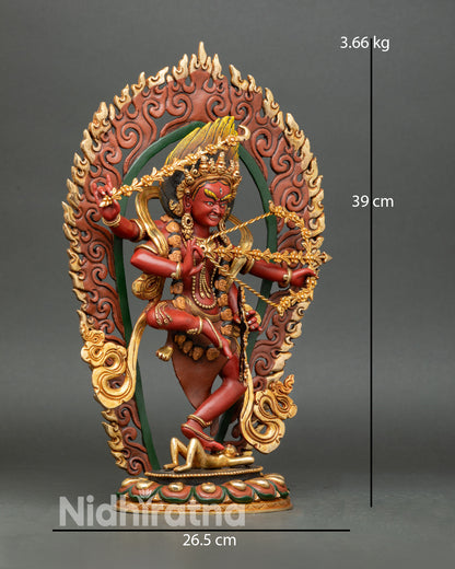 Side view of Kurukulla dancing posture four arms flower bow arrow hook noose copper Vajrayana dakini sculpture meditation decor