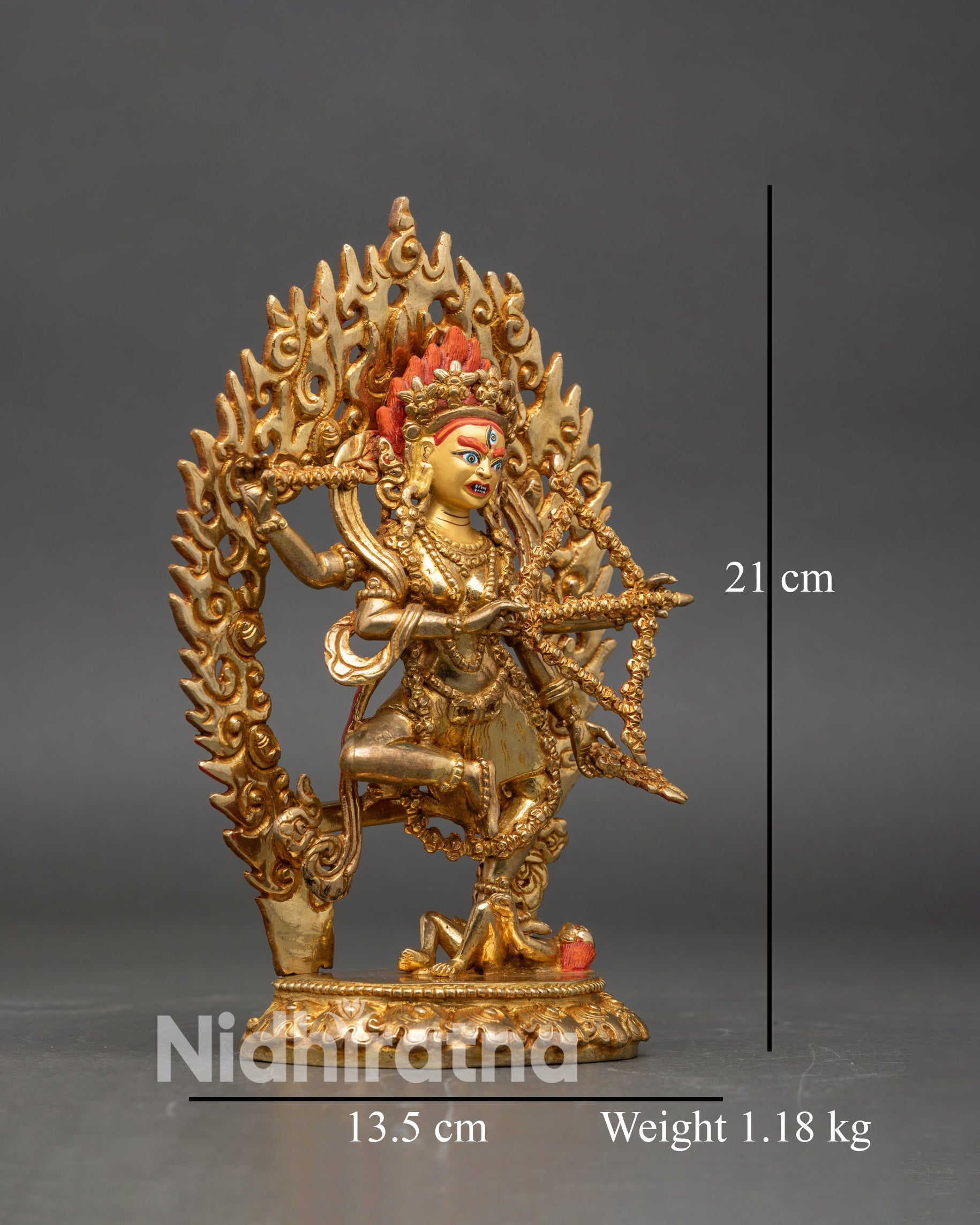 Side view Kurukulla statue with bow arrow hook noose tantric deity art Nepal