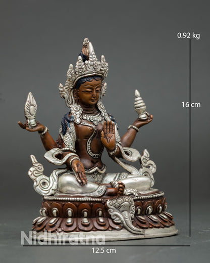 Side view of Laxmi goddess sculpture seated on lotus throne handcrafted Hindu prosperity and abundance altar decor