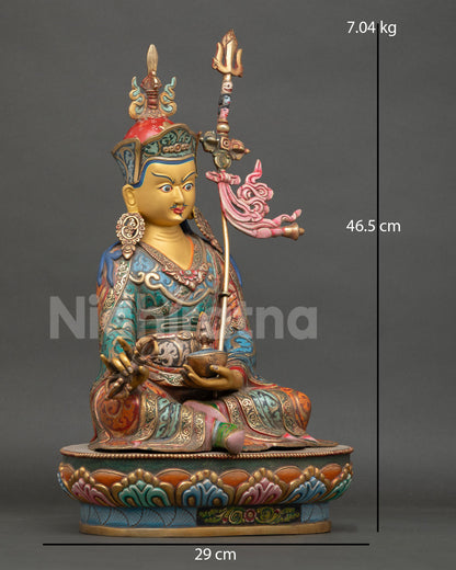 Side view of Lotus Born Guru Rinpoche Statue lost wax casting Himalayan Buddhist ritual sculpture acrylic colors