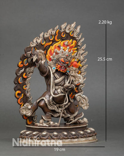 Side view Mahakala Bernagchena statue detailed robes sacred altar decor