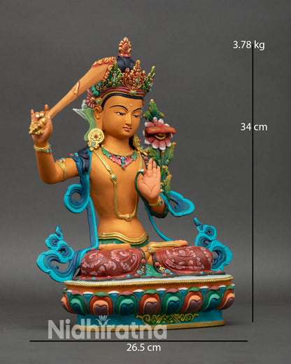 Side view Manjushri holding flaming sword and lotus with Prajnaparamita Sutra symbolizing wisdom and enlightenment statue