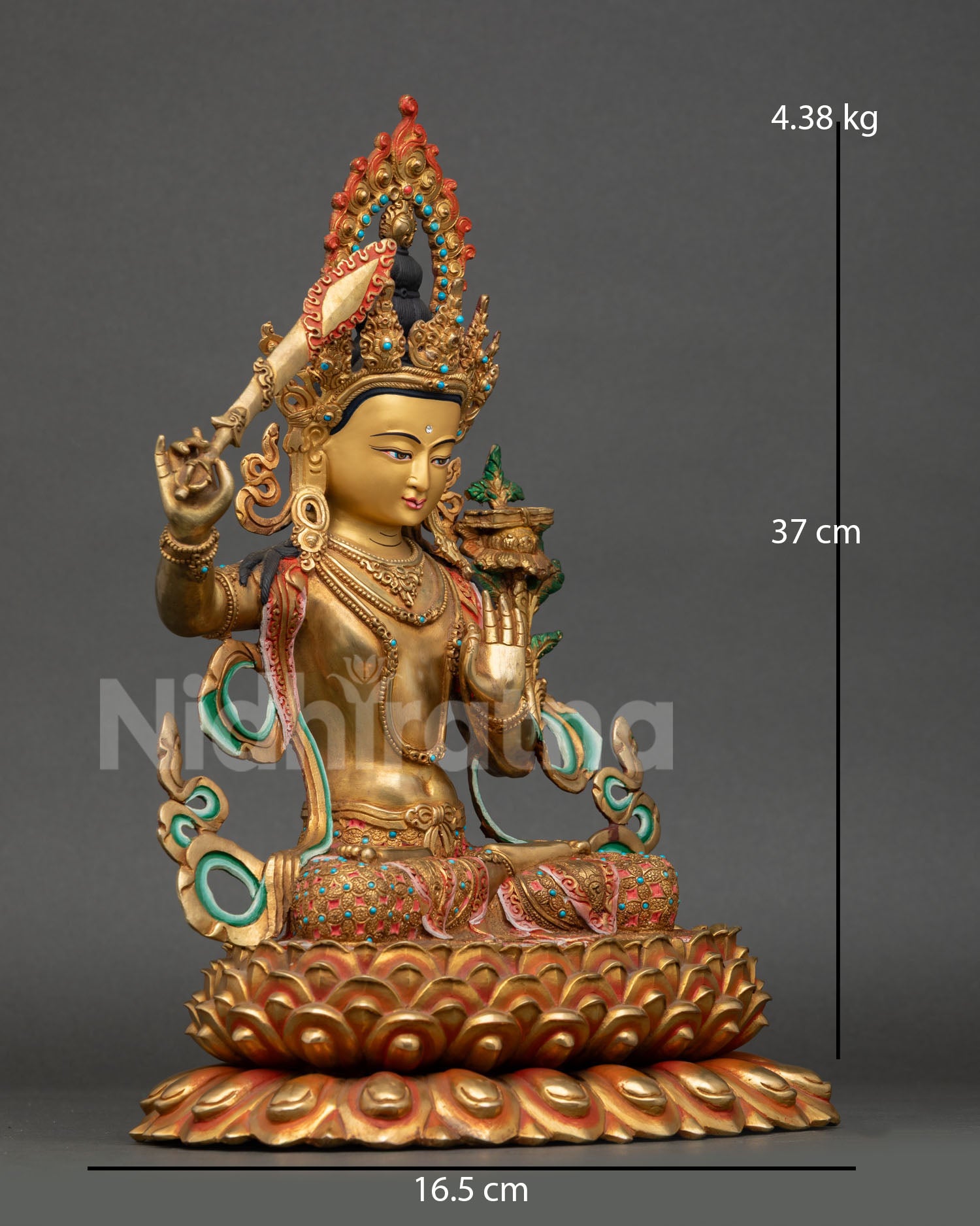 Side view of Manjushri statue, Buddhist sculpture, meditation room, spiritual decor, gold gilded, copper art