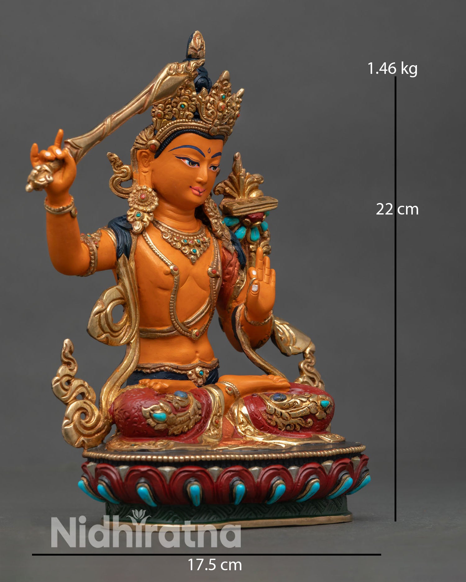Side view of Manjushri statue flaming sword of wisdom Prajnaparamita sutra lotus symbol Tibetan Buddhist meditation and altar sculpture decor