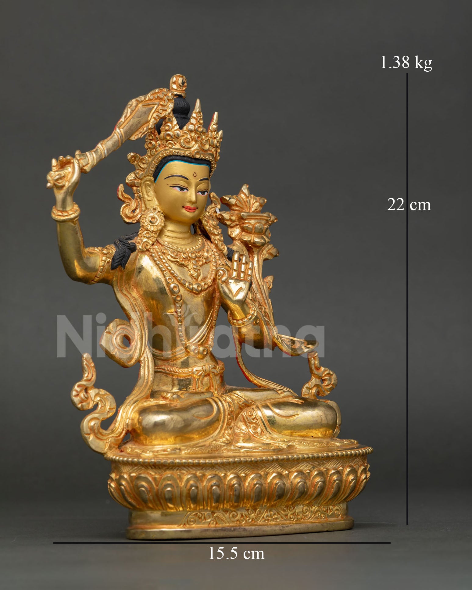 Side View of Manjushri Statue, Holding Flaming Sword and Scripture Prajnaparamita, Lotus Seat, Copper Art