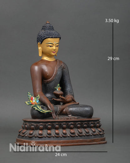 Side view of Medicine Buddha seated lotus throne, dhyana mudra, medicinal bowl, healing deity sculpture, meditation decor Nepal