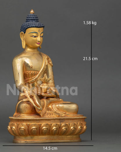 Side view of Medicine Buddha statue meditative posture flowing robes gold gilded copper sculpture Himalayan Buddhist healing Buddha