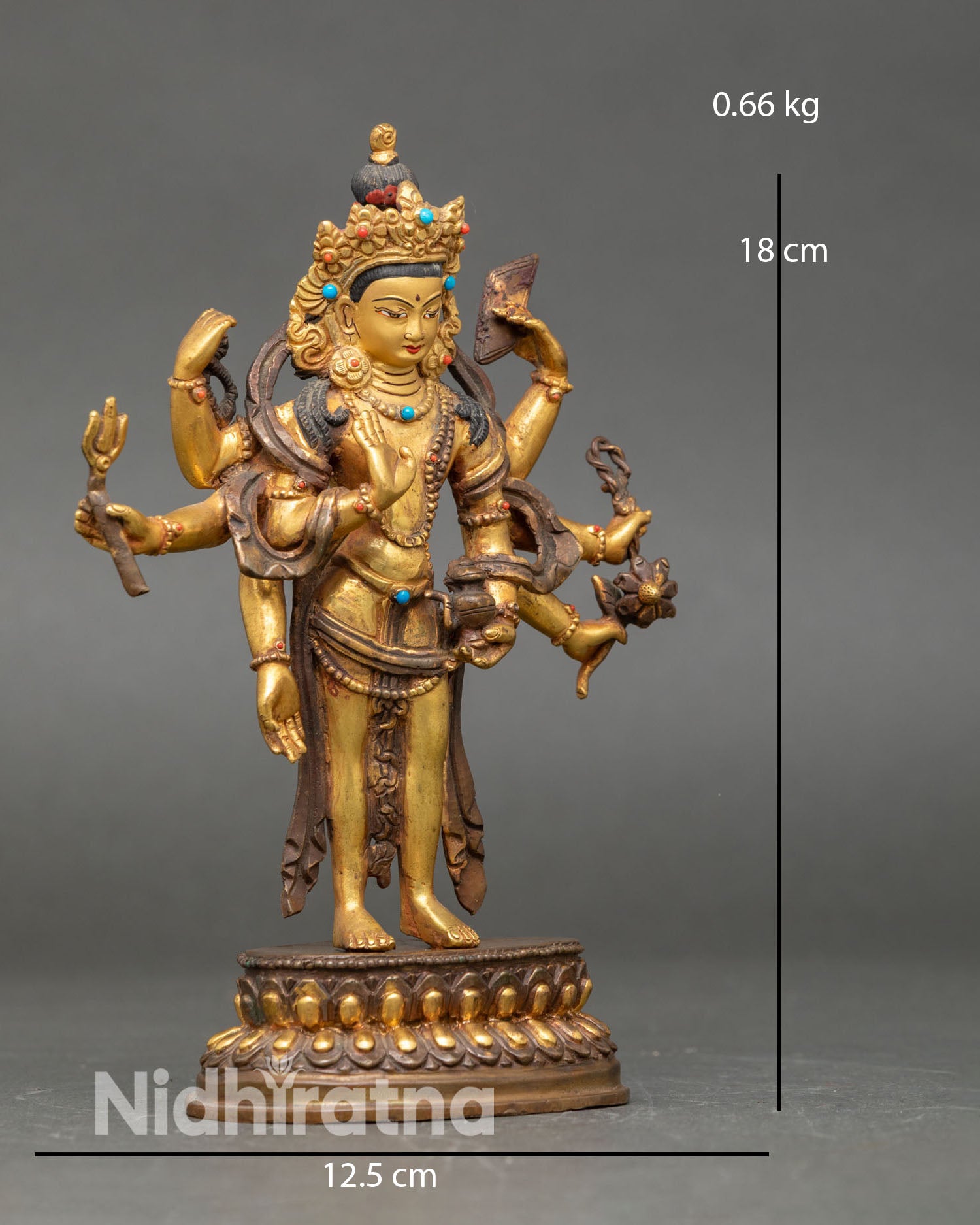 Side view of multi armed Amoghapasa Lokeshvara statue holding rosary lasso lotus scripture and vase seated on lotus pedestal Buddhist meditation art Nepal
