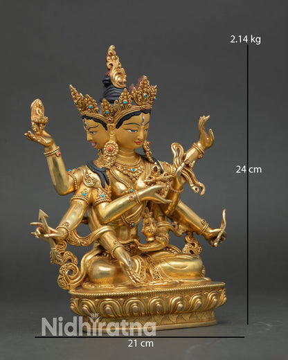 Side view Namgyalma, Nepal handmade copper statue depicting multiple arms