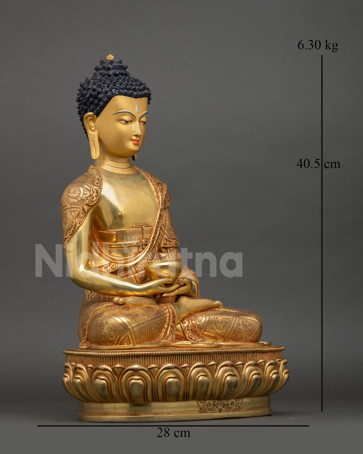 Side view of Nepalese Amitabha Buddha sculpture with finely engraved monastic robes and Himalayan craftsmanship