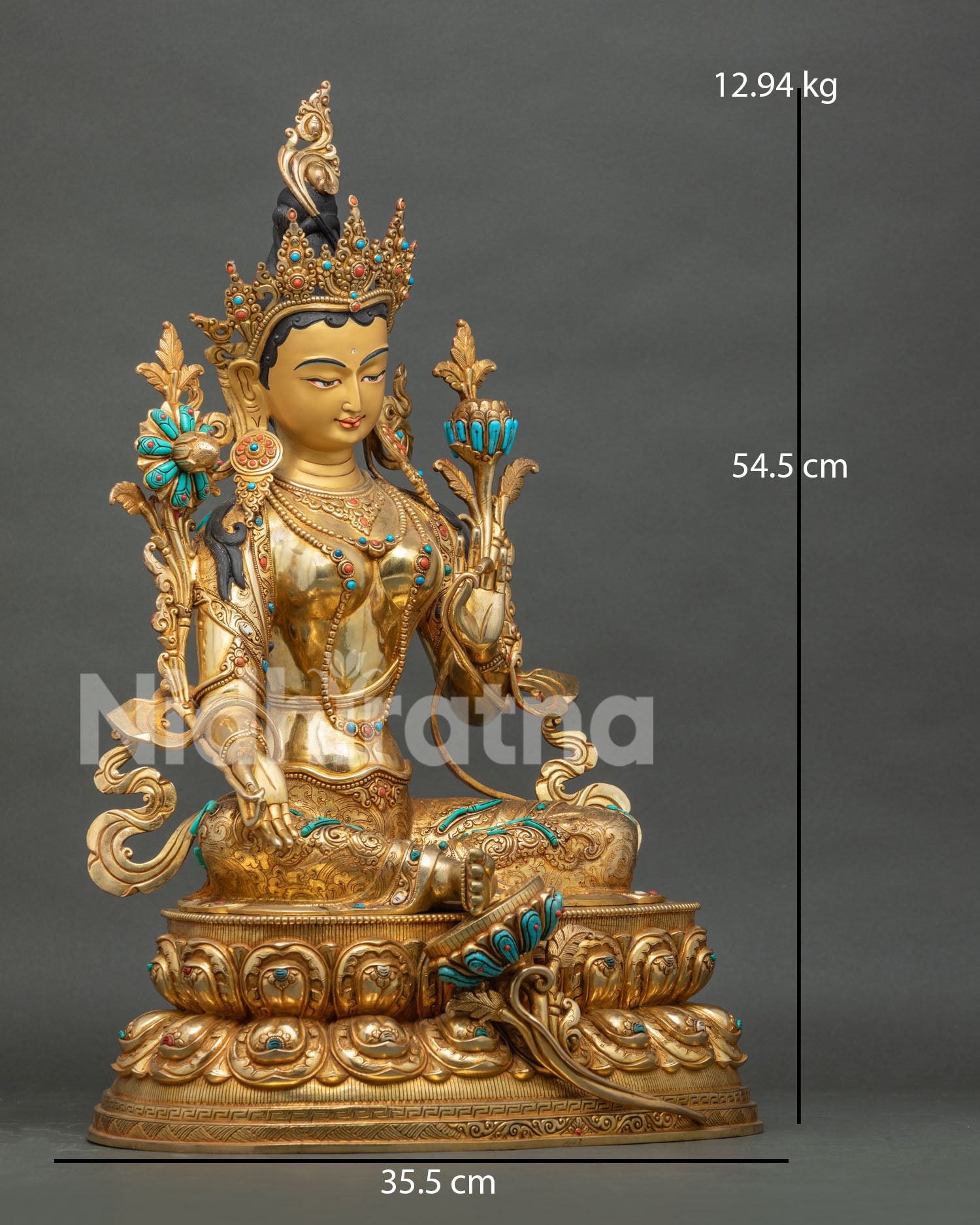 Side view of 24K gold gilded Green Tara statue with intricate ornaments and sacred Buddhist craftsmanship.