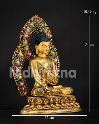 Side view of 54cm Bhaisajyaguru copper statue with colorful halo and dimensions labeled, handcrafted Nepal