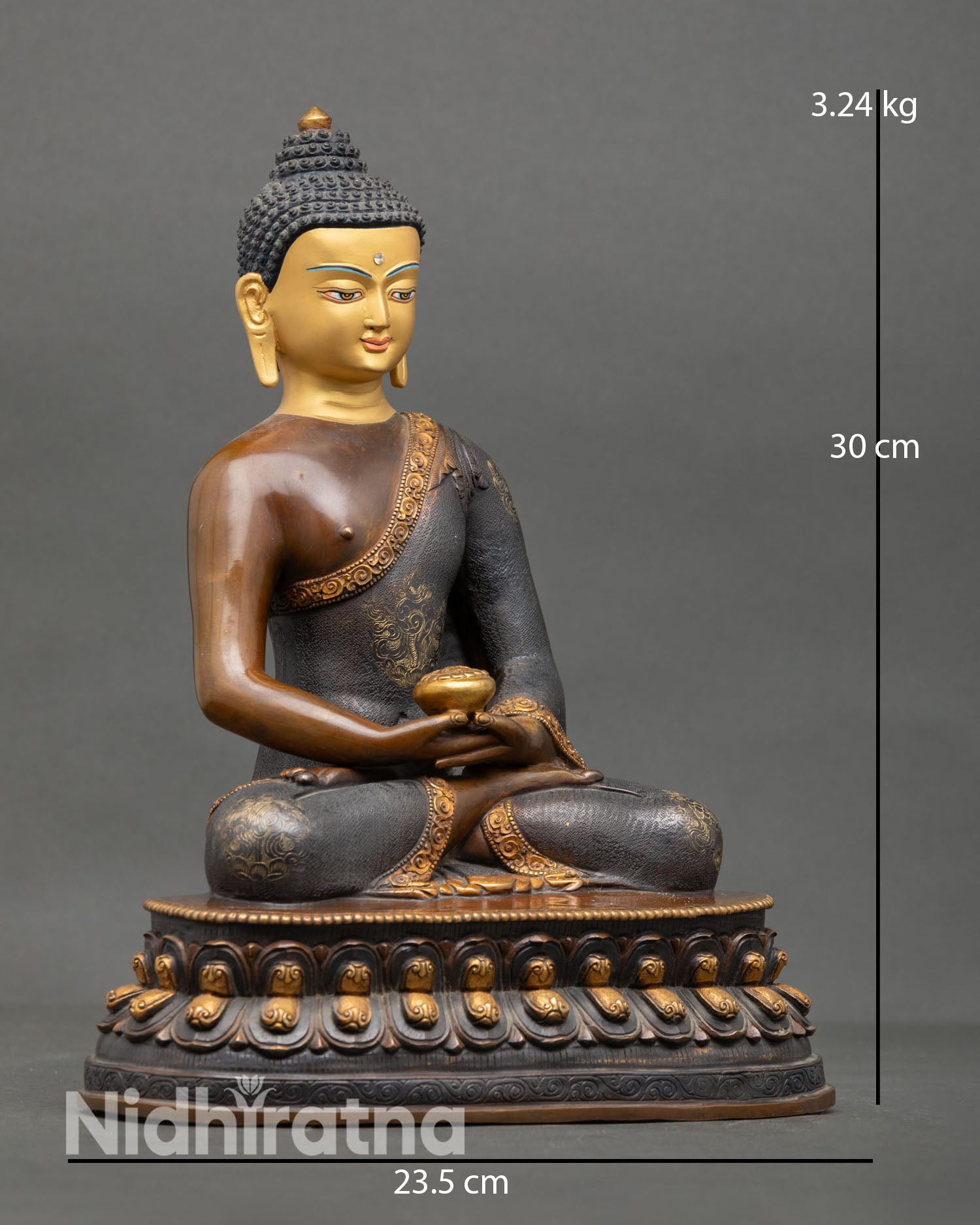 Side view of Amitabha Buddha statue depicting seated lotus posture with acrylic painted robe folds and sacred Pure Land Buddhist symbolism